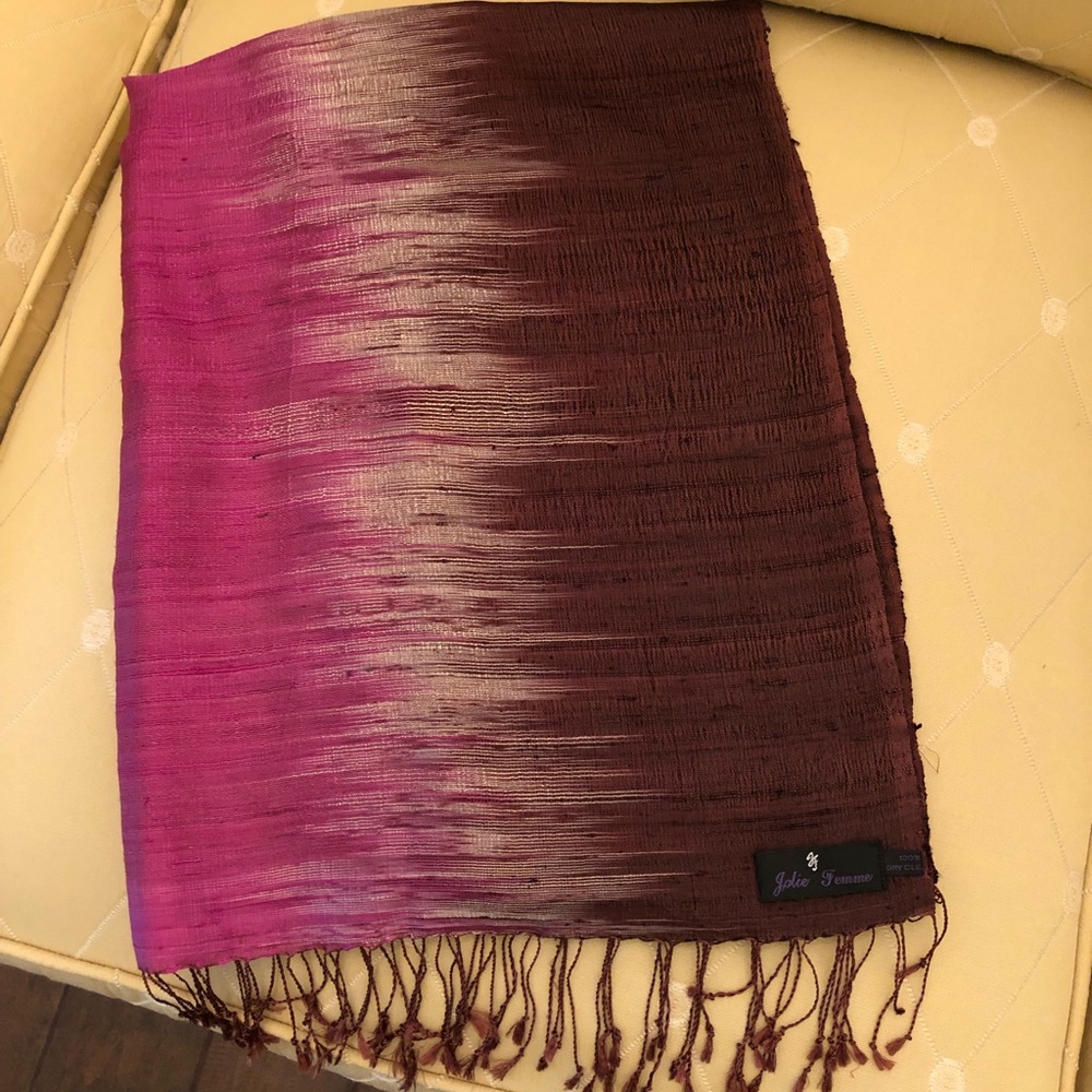 💯% Silk Jolie Femme Pink, Ivory, & Brown Fringed Scarf/Wrap - Picture 1 of 10